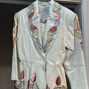 Woman's Leather Suit Sz Medium Beige w/ Appliques  Gold & Silver 1990's